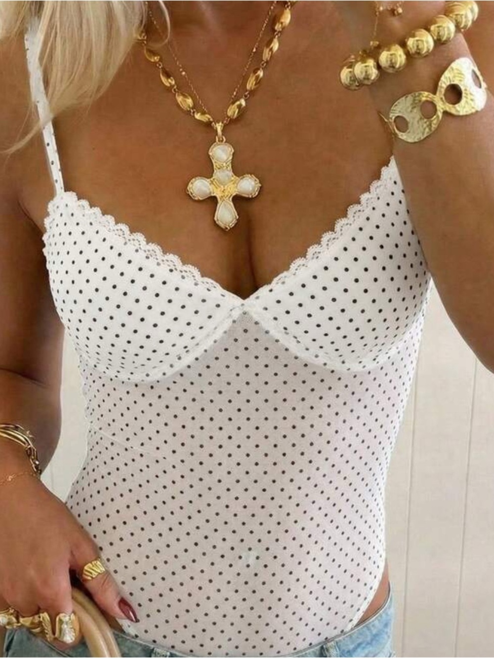 NEVER WORN White Polka Dot Lace Trim Cami Bodysuit